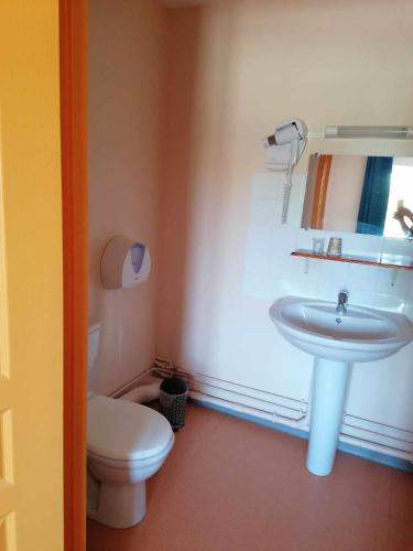 een badkamer met een wastafel, een toilet en een spiegel bij le valoria delph et greg 