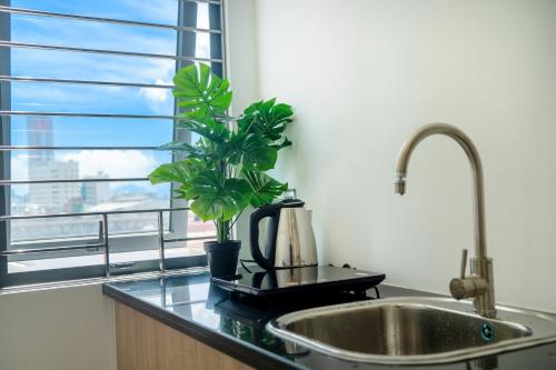 a kitchen counter with a sink and a plant at Ha Trang Voronezh Hotel and Apartment in Nha Trang