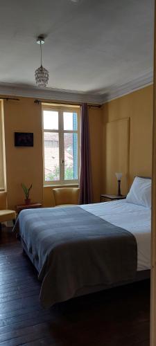 um quarto com uma cama grande e 2 janelas em Chambres d’hôtes La Joyeuse em Préveranges