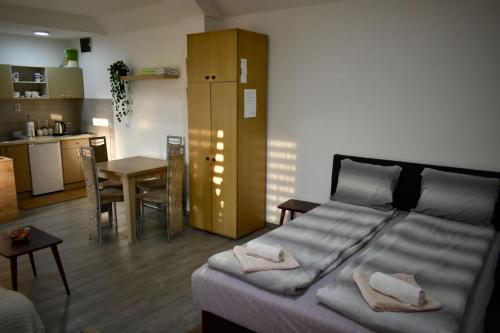 a living room with a bed and a kitchen at Petković apartman in Bajina Bašta