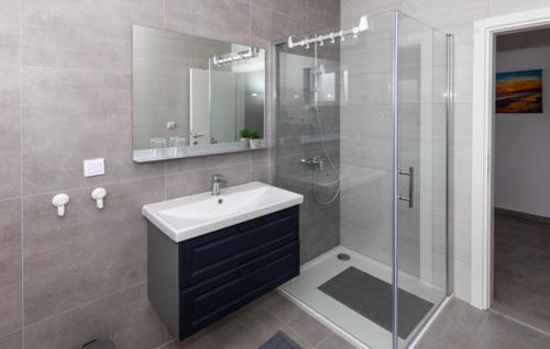La salle de bains est pourvue d'un lavabo et d'une douche en verre. dans l'établissement Apartman Family Čović, à Opuzen