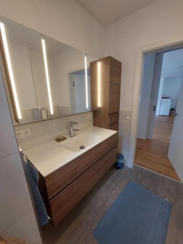 a bathroom with a sink and a mirror at Appartement am Teich in Hainfeld