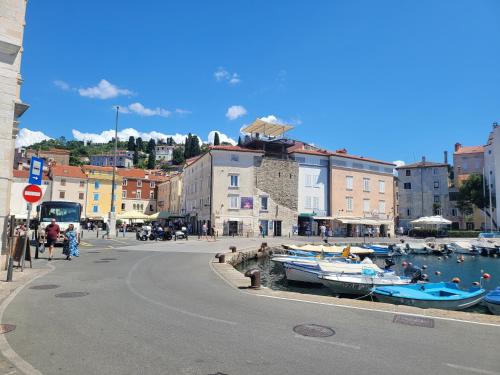 a group of boats in the water in a city at Studio Labirint in Piran