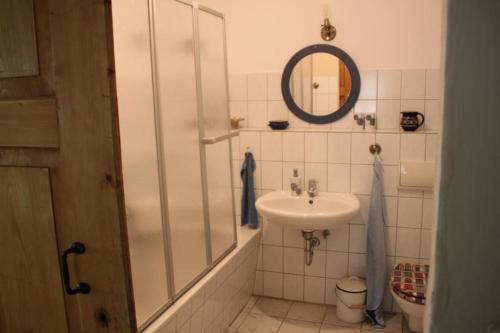 a bathroom with a sink and a shower and a mirror at Hofmühle Pfaffroda-Ferienwohnung Am Mühlbach in Olbernhau