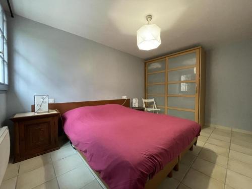 アイノアにあるGite La Rhuneのベッドルーム1室(ピンクの毛布付きの大型ベッド1台付)