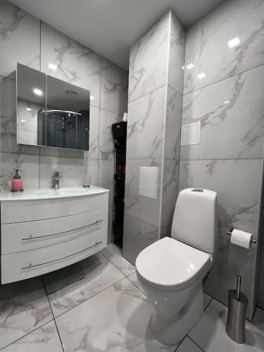 a white bathroom with a toilet and a sink at A place to take a rest. in Tukums