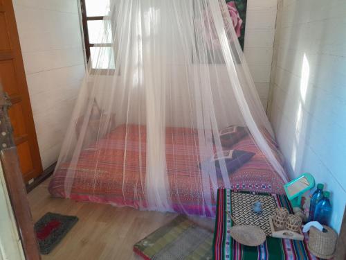 Ce lit se trouve dans un dortoir doté d'une moustiquaire. dans l'établissement Pikban, à Chiang Rai