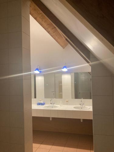 uma casa de banho com 2 lavatórios e um espelho grande em La Ferme Saint Pierre de Glabais em Genappe
