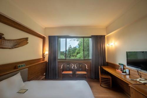 Habitación de hotel con cama y TV en Ginkgo Hotel en Lugu