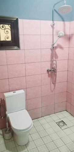 a pink bathroom with a toilet and a shower at Appartement meublé in Douala