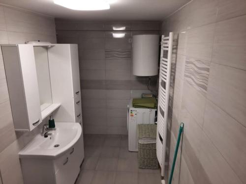 a white bathroom with a sink and a toilet at Holiday house Radić in Sošice