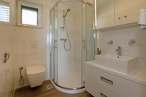 a bathroom with a shower and a toilet and a sink at Holiday Homes Oliva in Bol