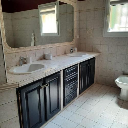 La salle de bains est pourvue de 2 lavabos, d'un miroir et de toilettes. dans l'établissement Maison 8/10 pers au calme absolu, à Draguignan
