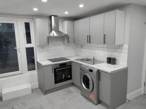 uma cozinha com um lavatório e uma máquina de lavar roupa em Hackney Spacious En-Suite em Londres