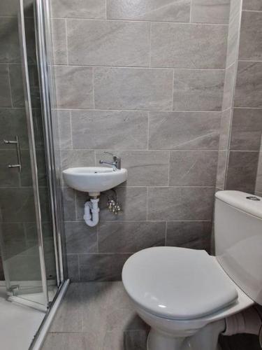 a bathroom with a toilet and a sink at Hackney Spacious En-Suite in London
