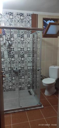 eine Dusche im Bad mit WC in der Unterkunft Dağ ve Denizi Bir arada yaşatan tatil evi in Akcaabat