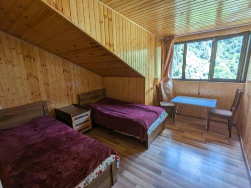 a bedroom with two beds and a desk in a room at Doxturi's sakhli in Shatili