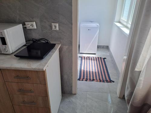 a small kitchen with a refrigerator and a microwave at Enjoy traveling in Tuzla