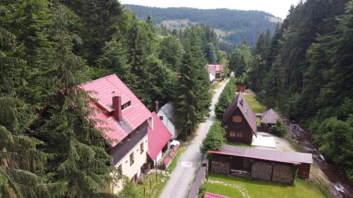 an aerial view of a house in a forest at Casa "Cabana Varciorog Arieseni" in Arieşeni