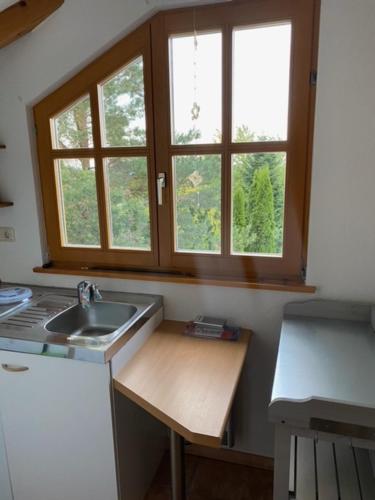 a kitchen with a sink and a window at Ferienwohnung „Am Bankzeitweg“ in Saalfeld