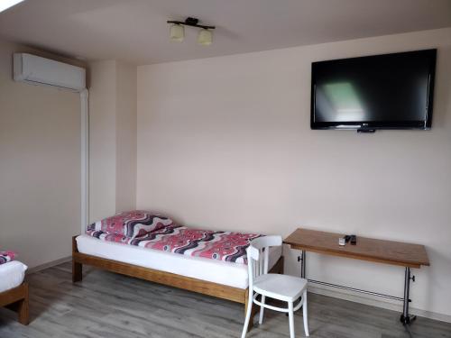 a bedroom with a bed and a desk and a tv at Noclegi Długie in Długie