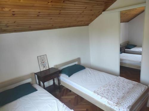 een slaapkamer met 2 bedden en een houten plafond bij Urban Retreat Zagoric in Podgorica