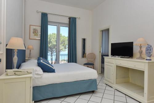 a bedroom with a bed with a television and a desk at Hotel Garden Riviera in Santa Maria di Castellabate