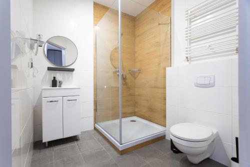 a bathroom with a shower and a toilet and a mirror at Moon Apartments Gdańsk in Gdańsk