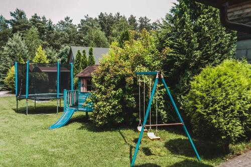 a blue swing set in a yard at Sonyachni bungalo in Melʼniki