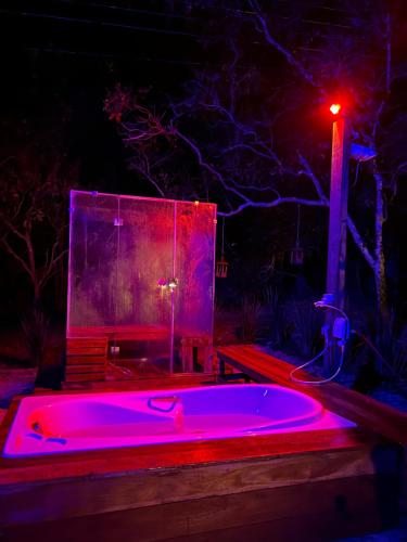 a pink bath tub in a backyard at night at Pousada Aconchego in Pirenópolis