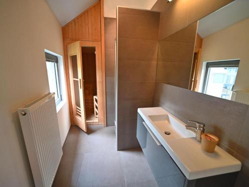 La salle de bains est pourvue d'un lavabo et d'une douche. dans l'établissement Cosy apartment in the heart of Durbuy, à Durbuy