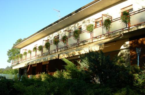 a building with potted plants on the side of it at Albergo La Genzianella in Miasino