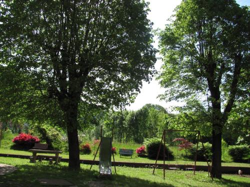 a park with trees and a bench and a swing at Albergo La Genzianella in Miasino