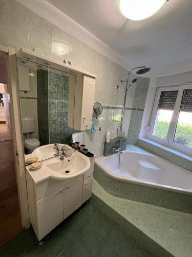 La salle de bains est pourvue d'une baignoire, d'un lavabo et d'une baignoire. dans l'établissement Apartma Kresnička, à Kobarid