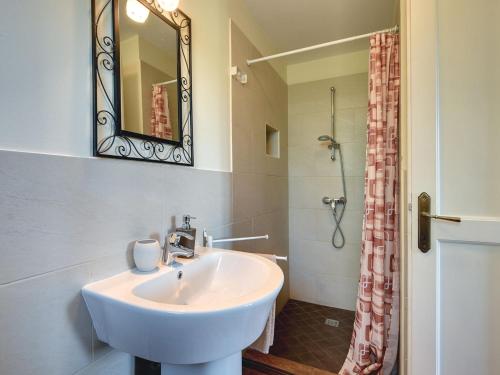 拉卡尔Villa in Rakalj near Beach with Pool的浴室配有洗手池、镜子和淋浴。