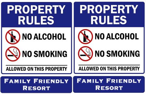a group of four signs that say property rules at Elite Resort in Yelagiri