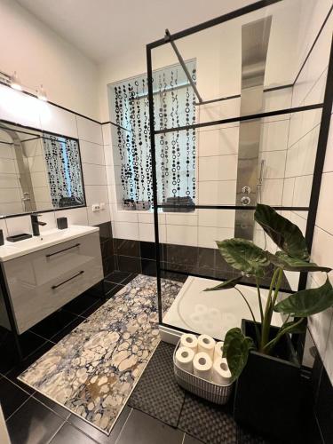 a bathroom with a shower and a potted plant at EVIS LTD apartments 2 in Rēzekne