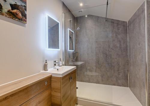 uma casa de banho com um lavatório e um chuveiro em Roosters Rest em Beccles