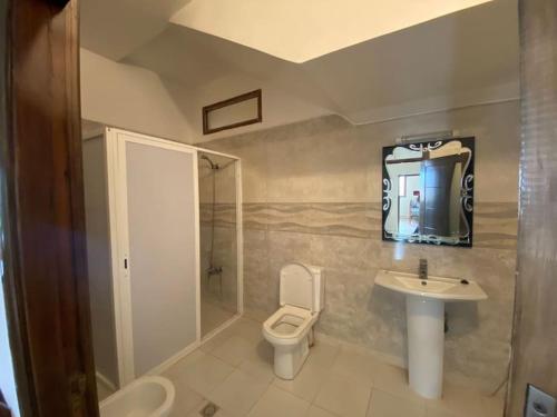 a bathroom with a toilet and a sink and a mirror at Appartement à louer Al Hoceima - Mirador in Al Hoceïma
