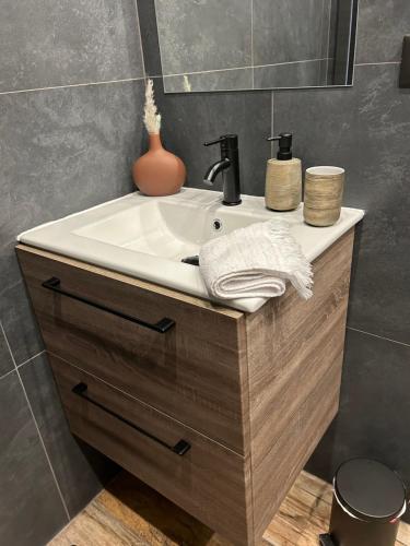 une salle de bain avec un lavabo et un miroir dans l'établissement Très bel appartement à Ajaccio, à Ajaccio