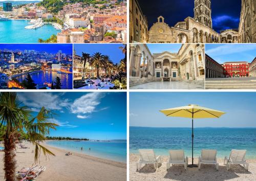a collage of photos of a city and a beach at Epetium Beach Villa in Split