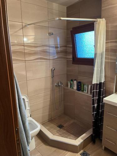 a bathroom with a shower with a television in it at Το πετρινο σπιτι του Καστρη! Με θεα τα Μετεωρα in Kalabaka