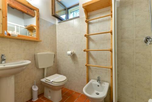 La salle de bains est pourvue de toilettes et d'un lavabo. dans l'établissement Rifugio Rustico Relax in Parco Privato - free parking - privacy TG4, à Castel del Piano