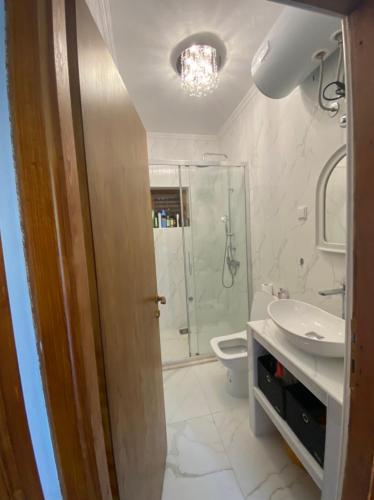 uma casa de banho com um chuveiro, um lavatório e um WC. em Armonia em Kotor