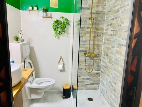 une salle de bain avec douche et toilettes dans l'établissement Studio Cosy - 50m PLAGE - Terrasse - centre ville, à La Grande Motte