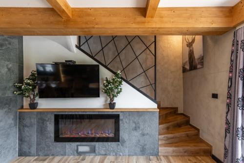 a living room with a fireplace and a tv at Chata Herkulesa in Zakopane