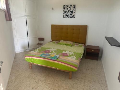 um quarto com uma cama com um edredão verde em DAR AROUA S3 avec jardin gazonné em El Haouaria