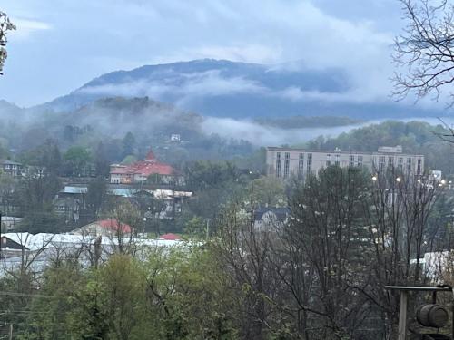 a view of a city with a mountain in the background at Oak Hill On Love Lane Bed and Breakfast Inn in Waynesville