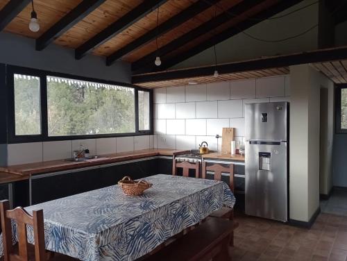 cocina con mesa y nevera de acero inoxidable en Los soles de montaña en Villa Pehuenia