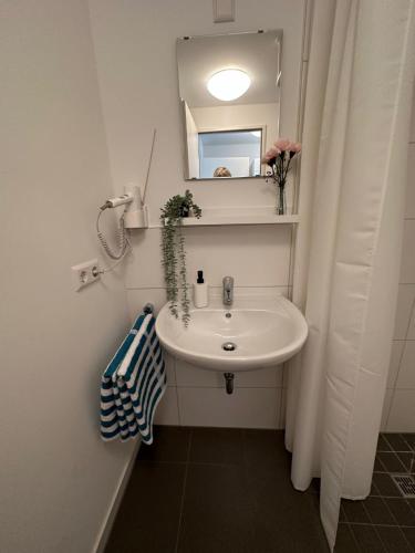 a bathroom with a white sink and a mirror at Stilvolles und modernes Appartement mit sonnigem Balkon in Flughafen- und Messenähe 31 in Leinfelden-Echterdingen